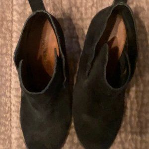 Black suede, wedge heel booties.  Size 8.5 Lucky Brand